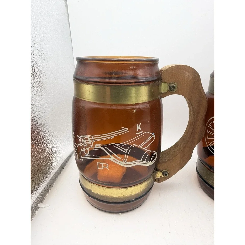 Vintage Siesta Ware Amber Glass Mugs Set 3 Wood Handles Brass Bands Etched